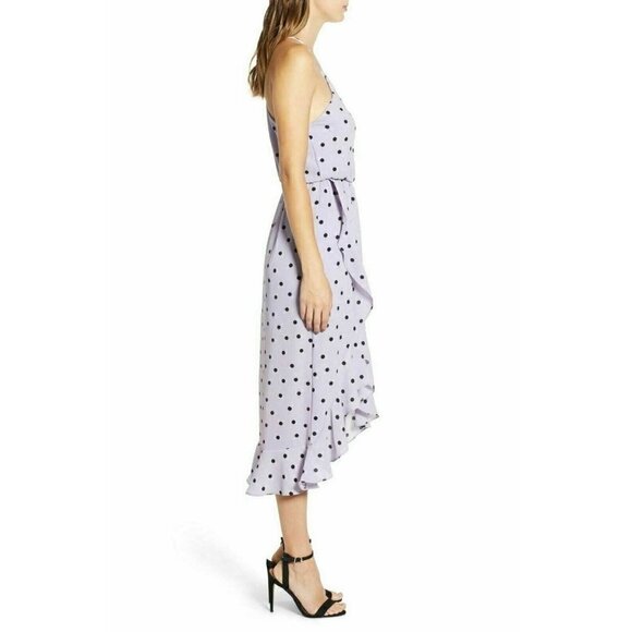 Lush Womens Polka Dot Crepe Asymmetrical Ruffle Trim Halter Wrap Dress Size S - Picture 6 of 12